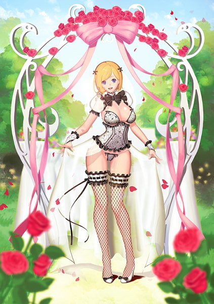 Anime picture 736x1045 with original naco single tall image looking at viewer short hair breasts open mouth blue eyes light erotic blonde hair girl thighhighs dress underwear panties flower (flowers) bow ribbon (ribbons) petals