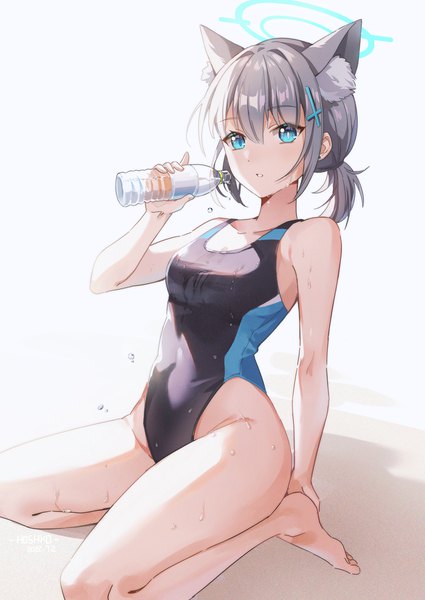 Anime picture 1075x1518 with blue archive shiroko (blue archive) shiroko (swimsuit) (blue archive) hoshiko (419401x) single tall image fringe short hair blue eyes light erotic simple background hair between eyes white background animal ears looking away barefoot grey hair wet official alternate costume low ponytail
