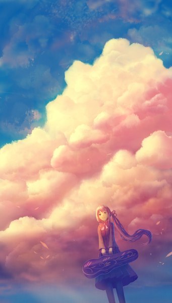 Anime picture 675x1186 with original bounin single long hair tall image smile brown hair standing holding sky cloud (clouds) full body long sleeves pleated skirt wind dutch angle side ponytail dust girl skirt