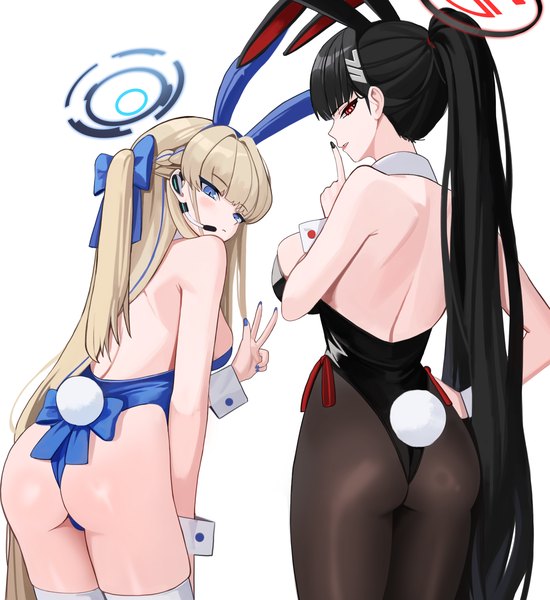 Anime picture 2532x2760 with blue archive rio (blue archive) toki (blue archive) toki (bunny) (blue archive) ddog long hair tall image looking at viewer fringe highres breasts blue eyes light erotic black hair simple background blonde hair red eyes large breasts standing white background