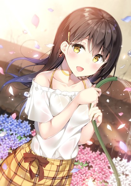 Anime-Bild 694x982 mit original hatsuki kaname single long hair tall image looking at viewer blush fringe breasts open mouth light erotic black hair smile hair between eyes standing bare shoulders holding yellow eyes sunlight off shoulder