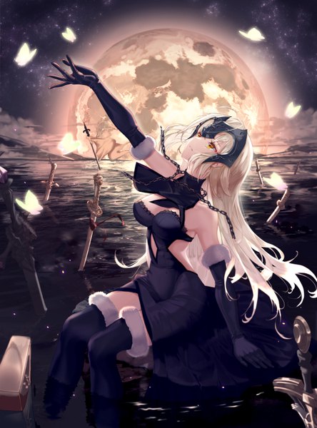 Anime picture 4440x5994 with fate (series) fate/grand order jeanne d'arc (fate) (all) jeanne d'arc alter (fate) jeanne d'arc alter (avenger) (third ascension) (fate) mute fanta855 single long hair tall image fringe highres breasts light erotic blonde hair hair between eyes large breasts sitting yellow eyes payot absurdres