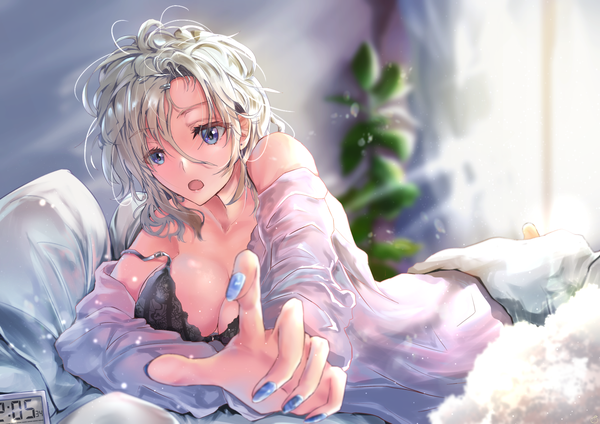 Anime picture 1684x1191 with original sakudzuki yakumo single fringe short hair breasts open mouth light erotic hair between eyes large breasts bare shoulders cleavage silver hair indoors nail polish sunlight blurry off shoulder fang (fangs) open shirt