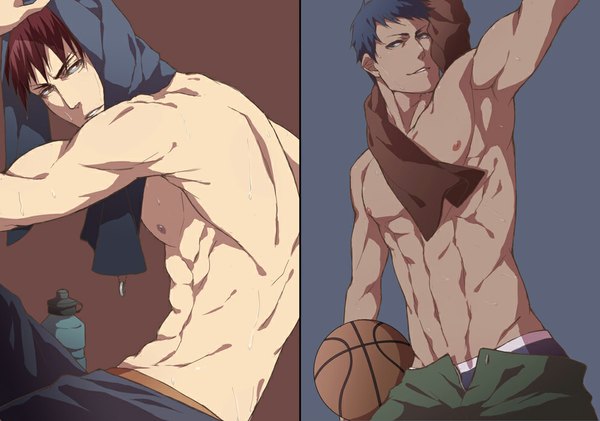 Anime picture 1000x702 with kuroko no basket production i.g aomine daiki kagami taiga zawar379 short hair blue eyes light erotic simple background red eyes blue hair looking away red hair multiple boys sweat multiview muscle purple background brown background abs
