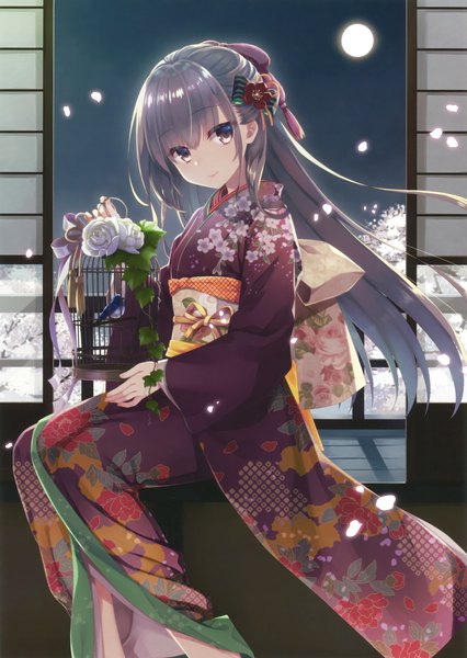 Anime picture 2132x3000 with original eshi 100-nin ten muririn single long hair tall image looking at viewer fringe highres smile sitting holding brown eyes payot full body bent knee (knees) indoors traditional clothes head tilt japanese clothes