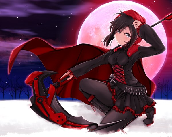 Anime picture 1500x1200 with rwby rooster teeth ruby rose single short hair black hair brown eyes red moon girl dress weapon boots moon scythe