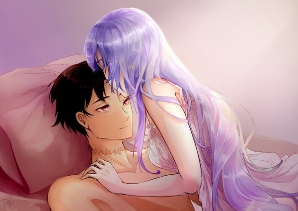 Anime picture 4093x2894 with 86 -eightysix- vladilena millize shinei nouzen you jing fringe highres short hair breasts light erotic black hair smile red eyes bare shoulders signed payot absurdres purple hair indoors lying eyes closed