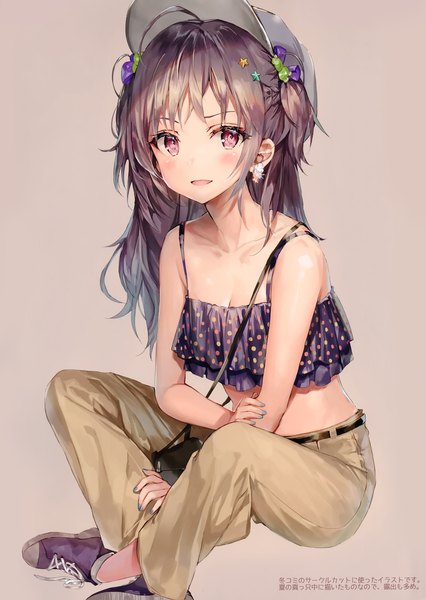 Anime picture 2096x2954 with original momoko (momopoco) single long hair tall image looking at viewer blush fringe highres breasts open mouth simple background red eyes brown hair sitting bare shoulders cleavage full body ahoge braid (braids)