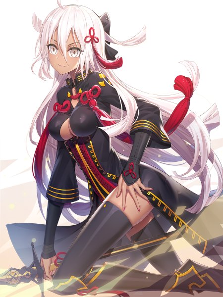 Anime picture 900x1200 with fate (series) fate/grand order okita souji (fate) (all) okita souji alter (fate) ririko (zhuoyandesailaer) single long hair tall image looking at viewer blush fringe breasts light erotic simple background hair between eyes standing white background holding cleavage silver hair