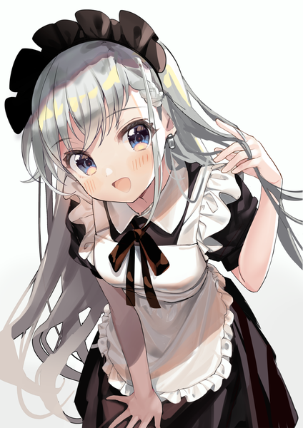 Anime picture 1013x1432 with idolmaster idolmaster cinderella girls idolmaster cinderella girls starlight stage hisakawa hayate kanda done single long hair tall image looking at viewer blush open mouth blue eyes simple background silver hair :d maid leaning alternate costume leaning forward adjusting hair