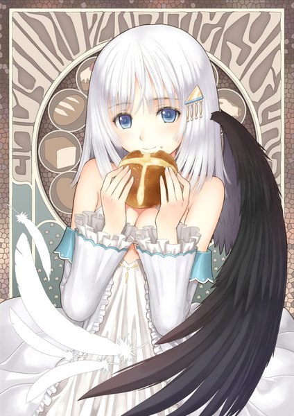 Anime picture 1285x1817 with shining (series) shining ark panis angelicus tony taka single tall image looking at viewer short hair blue eyes bare shoulders white hair official art eating girl dress hair ornament detached sleeves wings food feather (feathers)