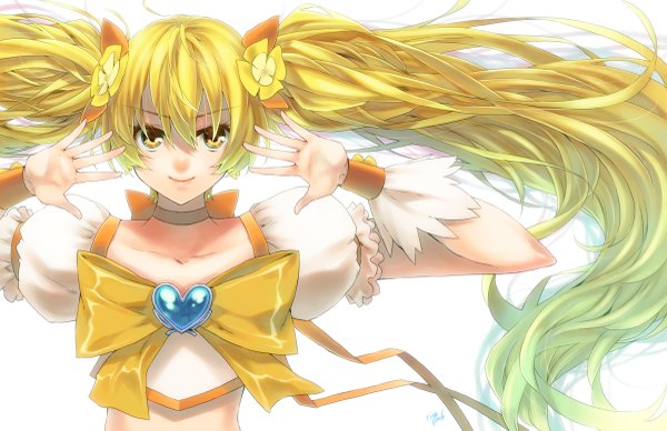 Anime picture 1200x777 with precure heartcatch precure! toei animation myoudouin itsuki cure sunshine takanashi ringo single long hair looking at viewer blonde hair smile twintails signed yellow eyes puffy sleeves magical girl girl bow wrist cuffs