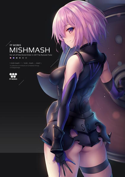 Anime picture 830x1180 with fate (series) fate/grand order mash kyrielight fukai ryosuke single tall image looking at viewer blush fringe short hair breasts light erotic simple background smile large breasts standing purple eyes bare shoulders holding signed