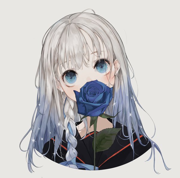 Anime picture 2650x2617 with original mile (mil2) single long hair looking at viewer blush highres blue eyes simple background silver hair upper body braid (braids) head tilt grey background side braid covered mouth girl uniform flower (flowers) ribbon (ribbons)