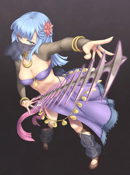 Anime picture 830x1116 with original sasaame single long hair tall image looking at viewer breasts blue eyes light erotic blue hair hair flower grey background girl hair ornament flower (flowers) weapon sword mask collar