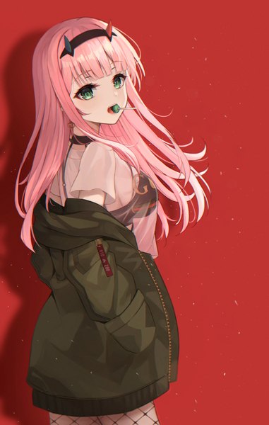 Anime picture 3351x5276 with darling in the franxx studio trigger zero two (darling in the franxx) ms childofart single long hair tall image looking at viewer fringe highres breasts open mouth simple background large breasts standing holding green eyes pink hair absurdres long sleeves