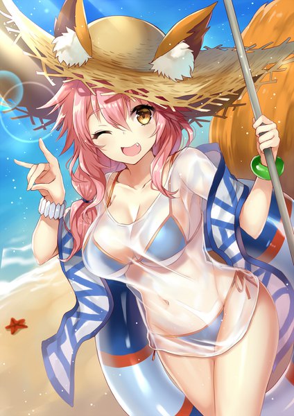 Anime picture 1000x1414 with fate (series) fate/extra tamamo (fate) (all) tamamo no mae (swimsuit lancer) (fate) harimoji single long hair tall image looking at viewer blush fringe breasts open mouth light erotic smile hair between eyes large breasts holding animal ears yellow eyes