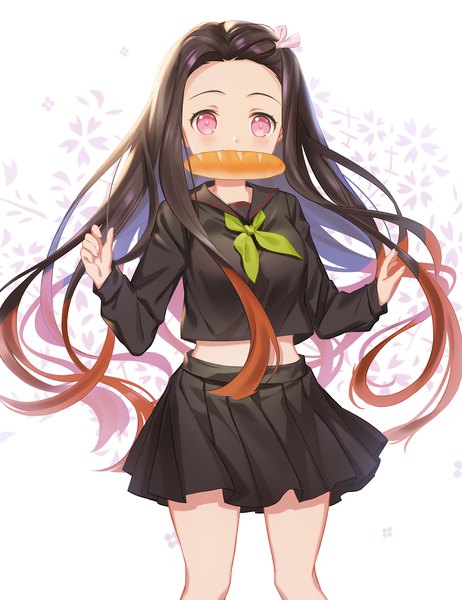 Anime picture 1200x1559 with kimetsu no yaiba ufotable kamado nezuko littleamber single long hair tall image black hair standing white background holding pleated skirt pink eyes multicolored hair two-tone hair midriff mouth hold floral background food in mouth girl