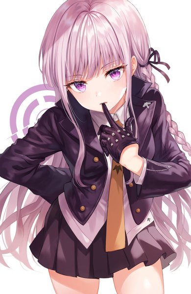 Anime picture 3015x4635 with dangan ronpa kirigiri kyouko tokkyu single long hair tall image looking at viewer fringe highres simple background white background purple eyes holding absurdres purple hair braid (braids) pleated skirt mouth hold side braid arm behind back