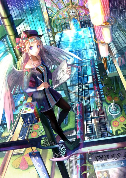 Anime picture 1448x2047 with original fuzichoco long hair tall image blue eyes blonde hair white wings drawing girl hair ornament hat pantyhose wings clock paint cube railways