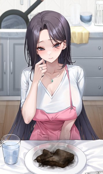 Anime picture 2000x3358 with original ame 816 single long hair tall image looking at viewer blush fringe highres breasts light erotic black hair large breasts standing indoors mole grey eyes mole under eye smoke mole under mouth