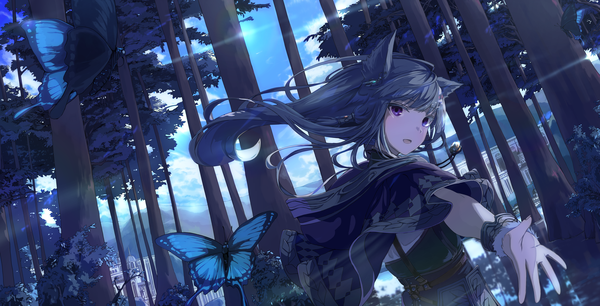 Anime picture 3803x1943 with original mikisai single long hair looking at viewer fringe highres open mouth wide image standing purple eyes animal ears sky silver hair cloud (clouds) upper body outdoors looking back wind dutch angle