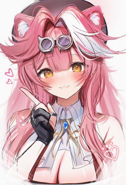 Anime picture 2391x3495 with virtual youtuber hololive hololive english raora panthera maruccy single long hair tall image looking at viewer blush highres breasts light erotic large breasts animal ears yellow eyes pink hair cleavage upper body fang (fangs)