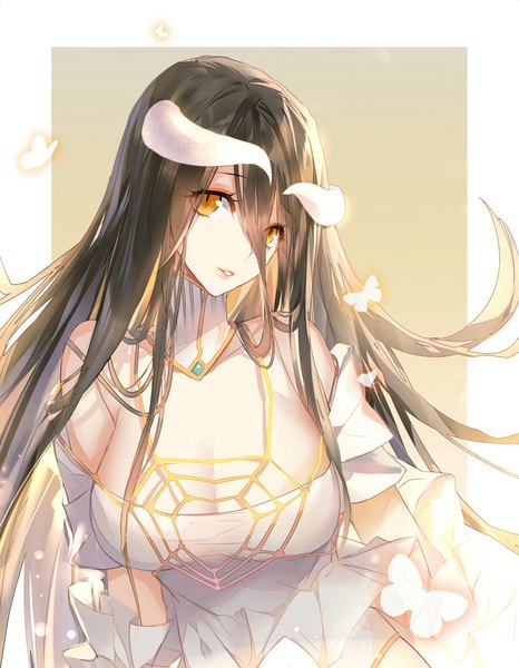 Anime picture 1555x2000 with overlord (maruyama) madhouse albedo (overlord) gekka nanako single long hair tall image looking at viewer fringe breasts light erotic black hair simple background hair between eyes large breasts bare shoulders yellow eyes cleavage upper body parted lips