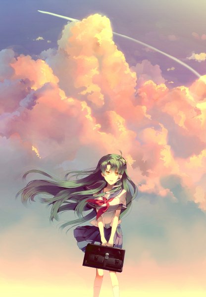 Anime picture 900x1296 with touhou kochiya sanae sunakumo single long hair tall image fringe breasts yellow eyes looking away sky cloud (clouds) ahoge bent knee (knees) outdoors pleated skirt green hair wind short sleeves alternate costume