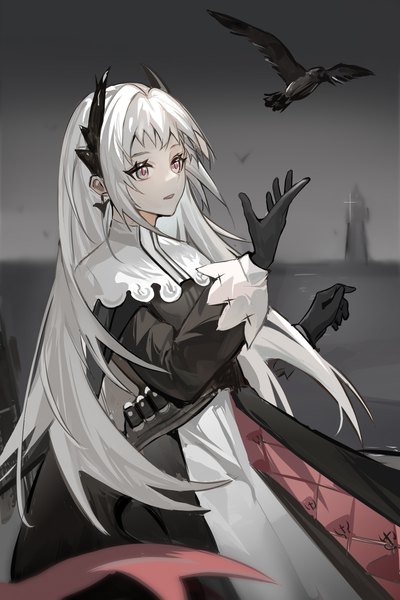 Anime picture 1200x1800 with arknights irene (arknights) duohelengshuiba single long hair tall image looking away silver hair horn (horns) grey eyes horizon meme is this a pigeon (meme) girl gloves earrings animal black gloves bird (birds) crow