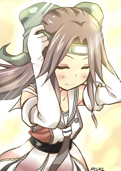 Anime picture 2480x3507 with kantai collection jintsuu light cruiser ryuki (ryukisukune) single long hair tall image blush highres brown hair signed eyes closed arm up light smile sunlight girl gloves bow hair bow elbow gloves white gloves