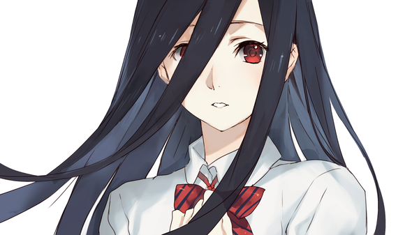 Anime picture 1200x675 with shokugeki no soma j.c. staff sadatsuka nao weee (raemz) single long hair looking at viewer fringe black hair simple background red eyes wide image white background parted lips hair over one eye hand on chest portrait girl uniform school uniform
