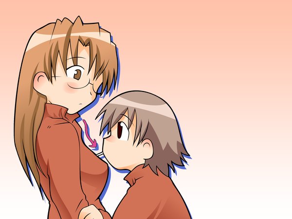 Anime picture 2666x2000 with azumanga daioh j.c. staff takino tomo mizuhara koyomi long hair blush highres short hair brown hair multiple girls brown eyes looking away upper body long sleeves grey hair black eyes couple looking up girl