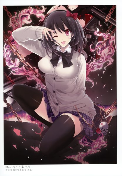 Anime picture 2406x3475 with original mikoto akemi single tall image looking at viewer blush highres short hair open mouth black hair red eyes one eye closed wink scan zettai ryouiki girl thighhighs skirt uniform bow