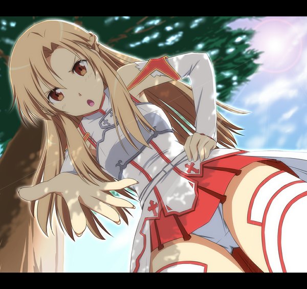 Anime picture 1028x969 with sword art online a-1 pictures yuuki asuna nori tamago single long hair open mouth light erotic brown hair brown eyes letterboxed girl thighhighs skirt underwear panties detached sleeves miniskirt white thighhighs
