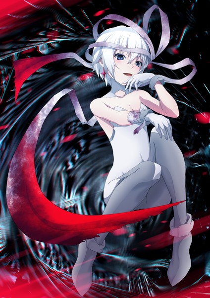 Anime picture 1500x2122 with selector infected wixoss j.c. staff ulith (wixoss) aono meri single tall image looking at viewer blush short hair open mouth blue eyes bare shoulders bent knee (knees) white hair sleeveless hand on knee girl gloves ribbon (ribbons) earrings