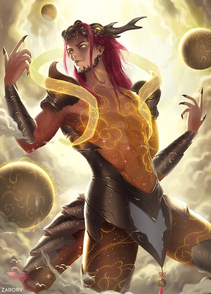 Anime picture 1000x1393 with league of legends aurelion sol zarory single long hair tall image smile signed yellow eyes looking away pink hair sky tail arm up horn (horns) realistic inscription bare belly sparkle from below