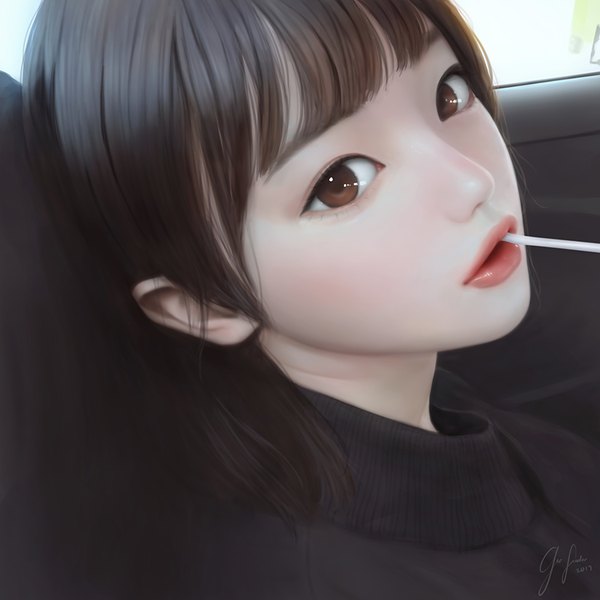 Anime picture 900x900 with original geo siador single looking at viewer fringe short hair brown hair holding brown eyes signed upper body blunt bangs lips realistic mouth hold dated food in mouth girl food sweets