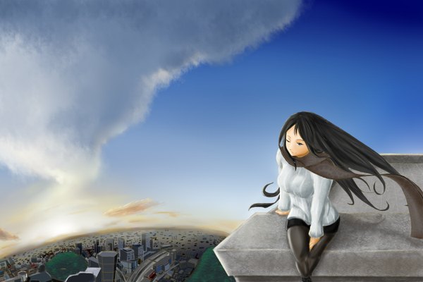 Anime picture 3000x2000 with original dydydyok single long hair looking at viewer fringe highres blue eyes black hair sky cloud (clouds) wind city cityscape morning sunrise girl pantyhose scarf