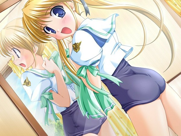 Anime picture 1024x768 with hanihani: operation sanctuary shibugaki matsuri blue eyes light erotic blonde hair game cg ass from behind reflection girl mirror