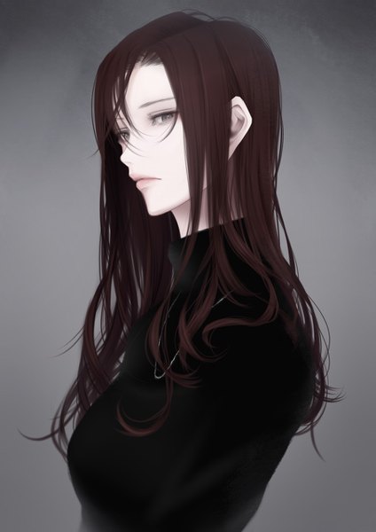 Anime picture 904x1280 with original erise single long hair tall image looking at viewer fringe simple background hair between eyes brown hair upper body lips grey background grey eyes portrait girl sweater necklace