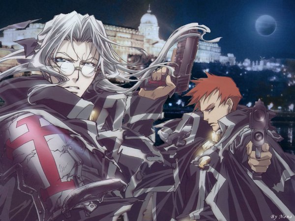 Anime picture 1600x1200 with trinity blood gonzo abel nightroad tres iqus long hair highres blue eyes silver hair red hair wallpaper boy glasses gun cross