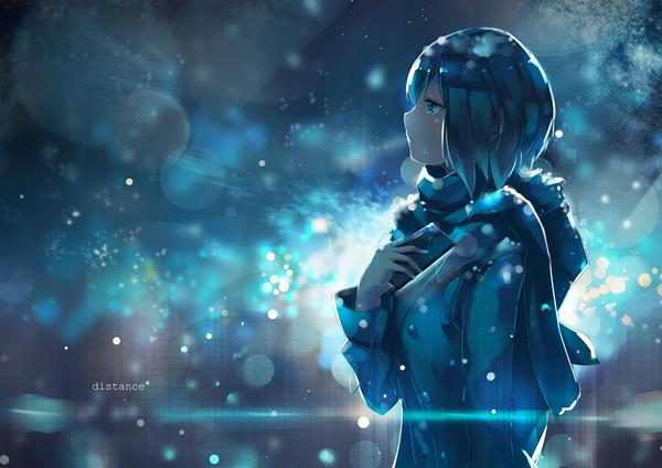Anime picture 2046x1447 with original c.c.r single blush fringe highres short hair blue eyes holding blue hair upper body profile lens flare snowing snow exhalation twisty sleeves girl scarf fur