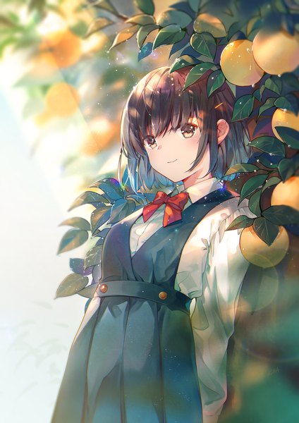 Anime picture 1500x2122 with original kita (kitairoha) single tall image looking at viewer blush fringe short hair smile brown hair standing brown eyes blue hair pleated skirt multicolored hair two-tone hair lens flare hands behind back girl skirt