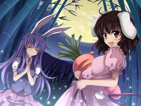 Anime picture 2600x1950 with touhou reisen udongein inaba inaba tewi tagme (artist) long hair blush highres short hair open mouth black hair red eyes multiple girls purple hair eyes closed animal tail light smile night bunny ears bunny girl girl