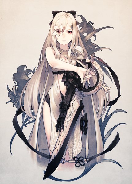 Anime picture 860x1200 with drakengard zero (drag-on dragoon) junwool single long hair tall image looking at viewer white hair pink eyes flower over eye girl flower (flowers) bow ribbon (ribbons) weapon hair bow sword cape eyepatch