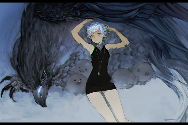 Anime picture 1428x950 with original morry single short hair signed yellow eyes silver hair arms up sleeveless letterboxed reclining girl dress earrings animal black dress bird (birds) pendant