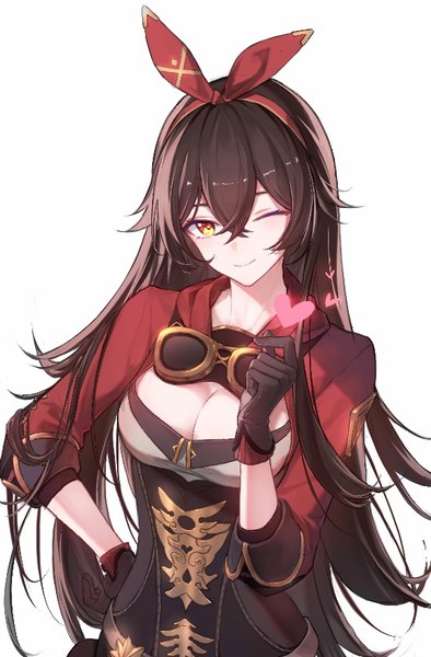 Anime picture 578x881 with genshin impact amber (genshin impact) mugiko mz single long hair tall image looking at viewer fringe breasts simple background smile hair between eyes brown hair white background yellow eyes cleavage upper body one eye closed hand on hip finger heart