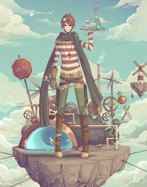 Anime picture 4155x5281 with original gasara single tall image highres short hair absurdres cloud (clouds) red hair striped floating island boy gloves boots scarf chain bottle goggles glass tray