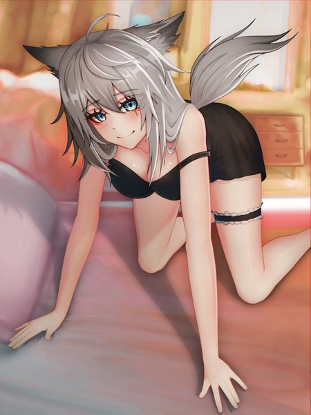 Anime picture 3000x4000 with arknights lappland (arknights) absurd fox single long hair tall image blush fringe highres breasts blue eyes light erotic smile hair between eyes large breasts bare shoulders animal ears looking away silver hair indoors